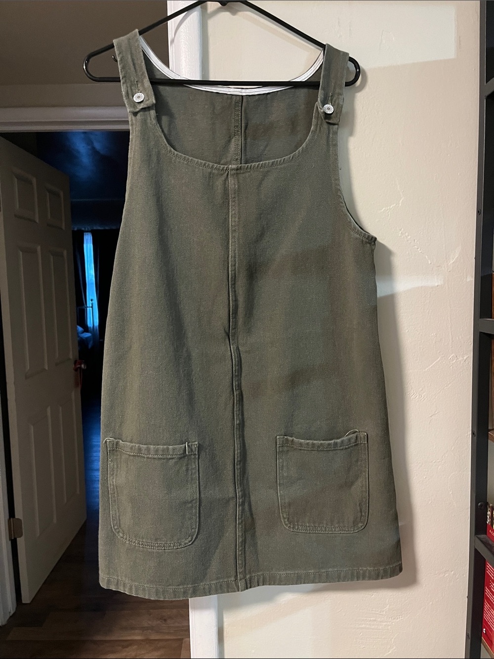 Casual Olive Green Mini Pinafore Dress with Front Pockets